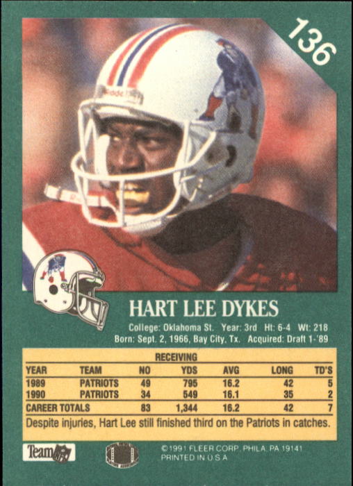 1991 Fleer #136 Hart Lee Dykes back image