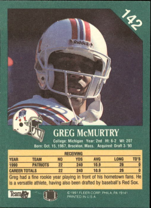 1991 Fleer #142 Greg McMurtry back image