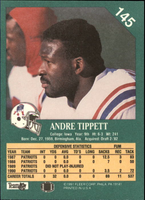 1991 Fleer #145 Andre Tippett back image