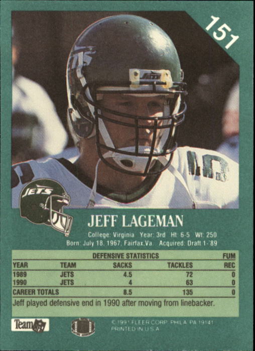 1991 Fleer #151 Jeff Lageman back image