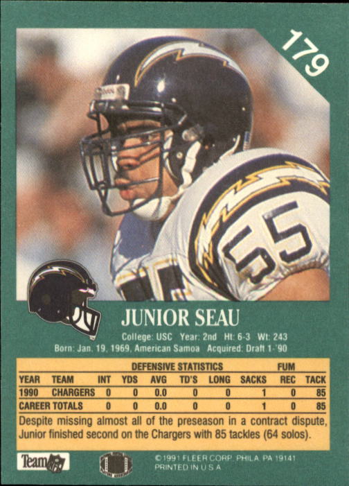 1991 Fleer #179 Junior Seau back image