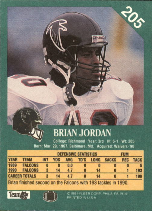 1991 Fleer #205 Brian Jordan back image