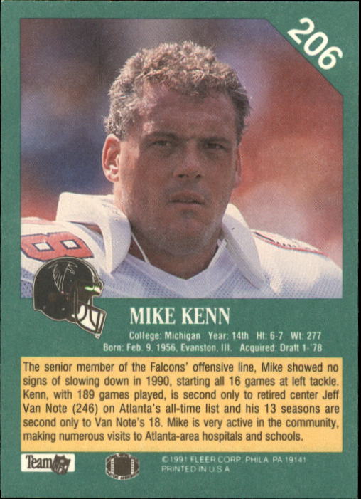 1991 Fleer #206 Mike Kenn back image