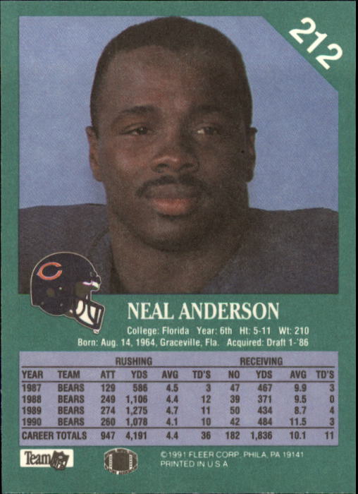 1991 Fleer #212 Neal Anderson back image