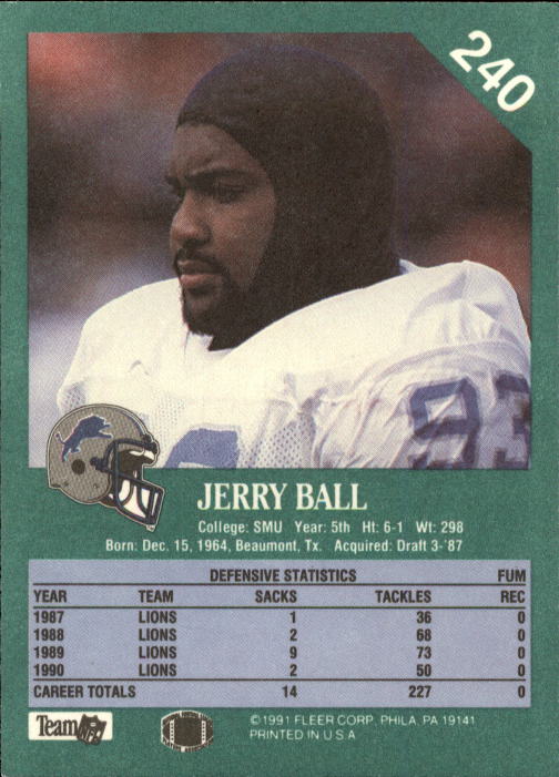 1991 Fleer #240 Jerry Ball back image