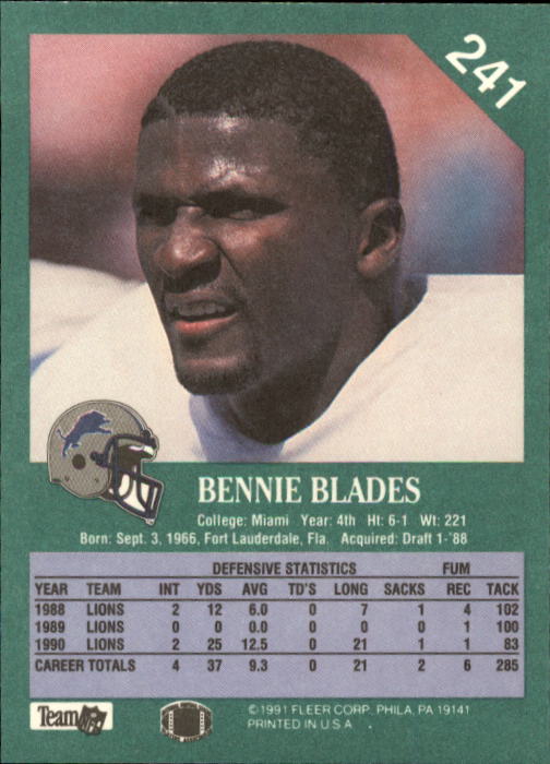 1991 Fleer #241 Bennie Blades back image