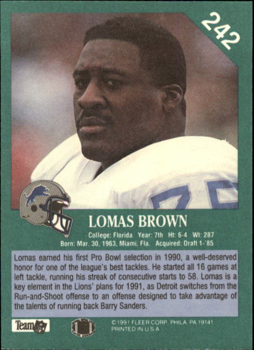 1991 Fleer #242 Lomas Brown back image