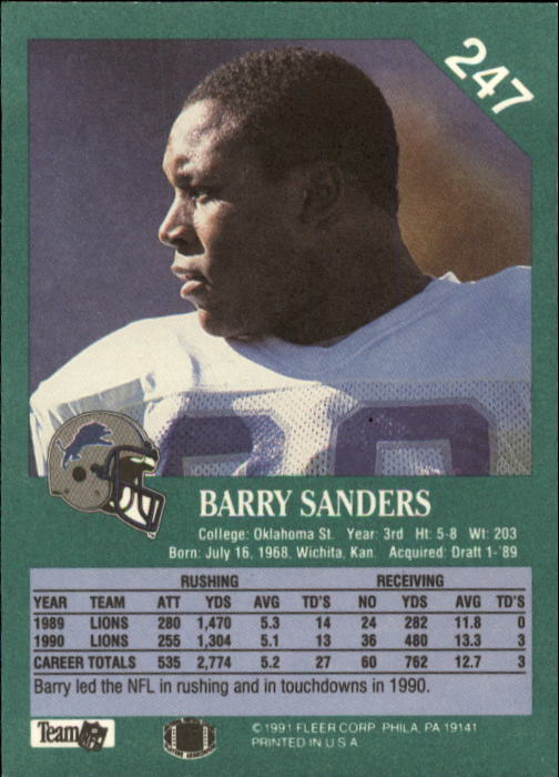 1991 Fleer #247 Barry Sanders back image