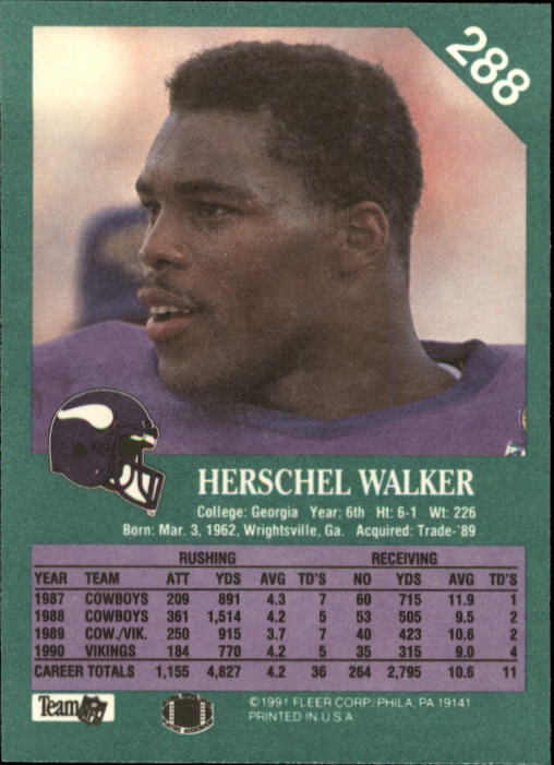 1991 Fleer #288 Herschel Walker back image