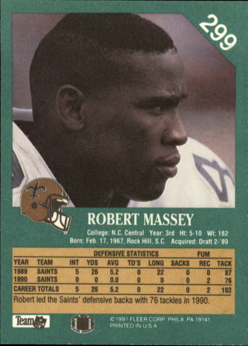 1991 Fleer #299 Robert Massey back image