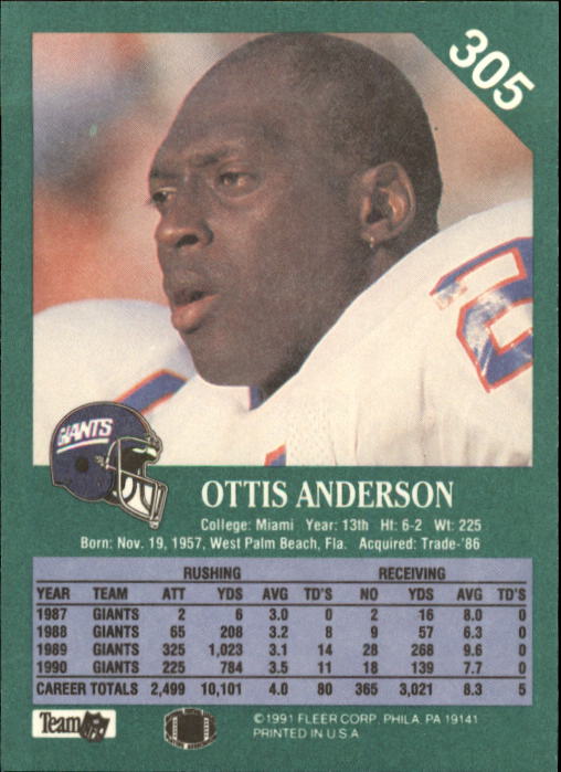 1991 Fleer #305 Ottis Anderson back image