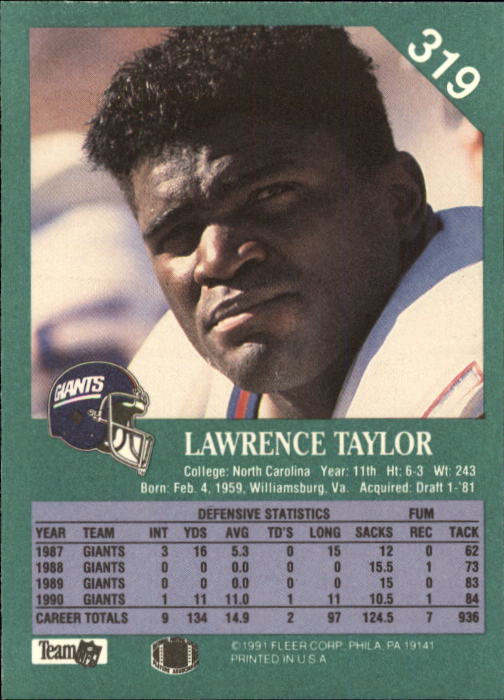 Lawrence Taylor 1991 Pinnacle New York Giants Football Card – KBK