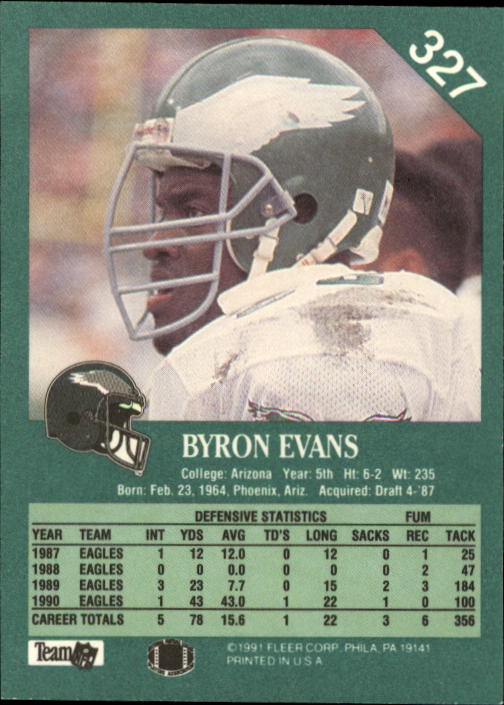 1991 Fleer #327 Byron Evans back image