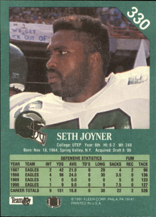 1991 Fleer #330 Seth Joyner back image