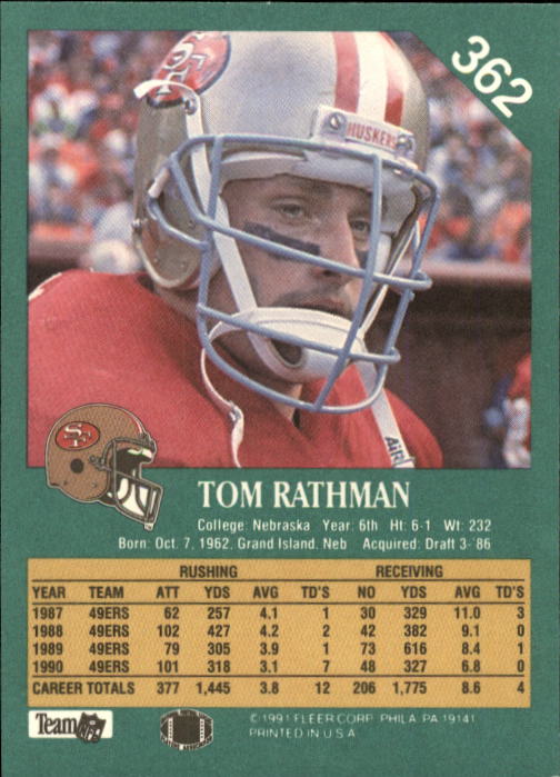 1991 Fleer #362 Tom Rathman back image