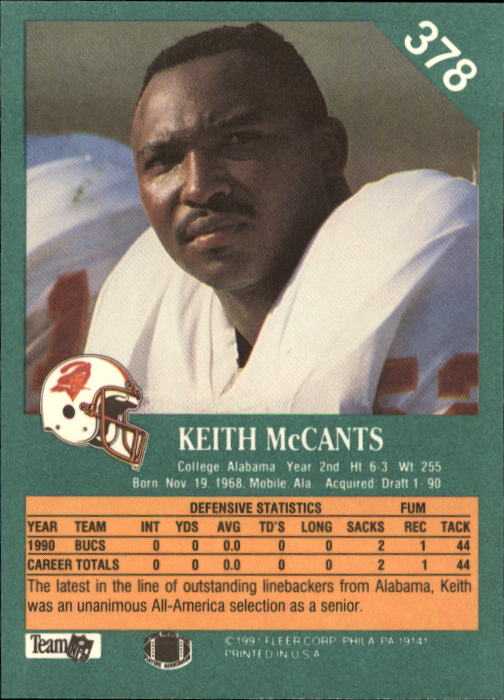 1991 Fleer #378 Keith McCants back image