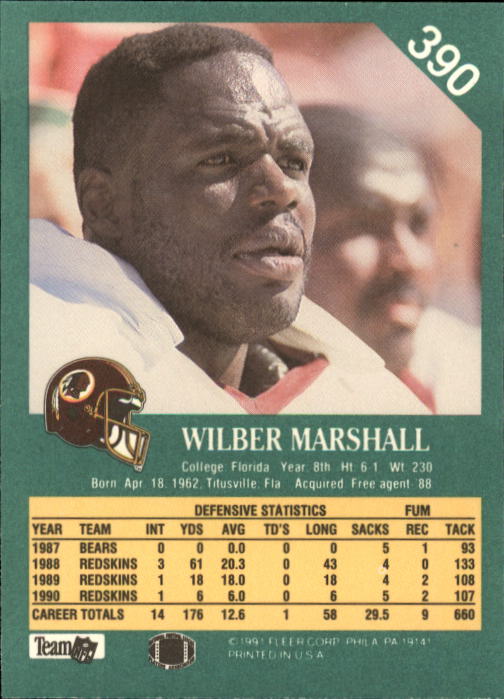 1991 Fleer #390 Wilber Marshall back image
