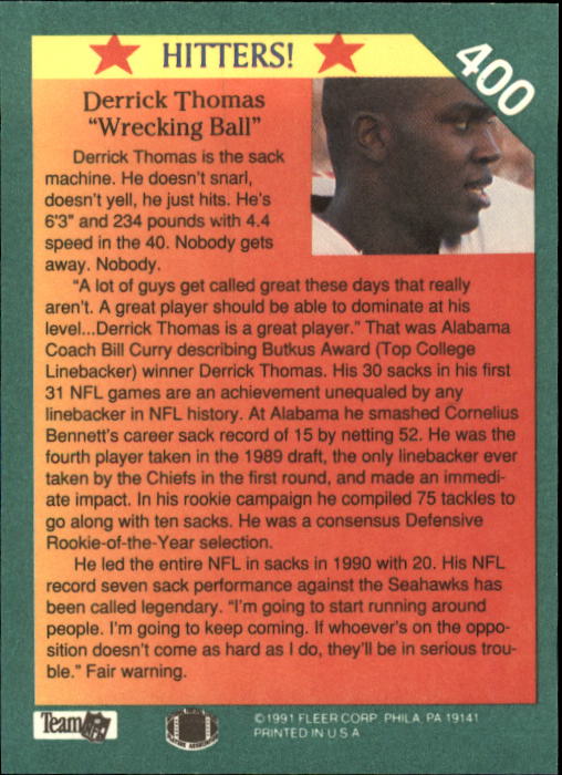 1991 Fleer #400 Derrick Thomas HIT back image