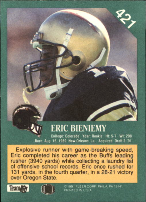 1991 Fleer #421 Eric Bieniemy RC back image