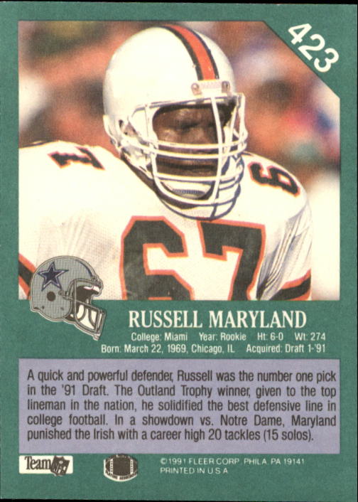 1991 Fleer #423 Russell Maryland RC back image