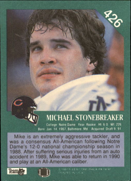 1991 Fleer #426 Mike Stonebreaker RP RC back image