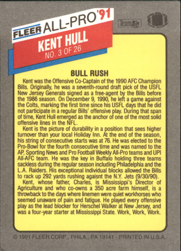 1991 Fleer All-Pros #3 Kent Hull back image