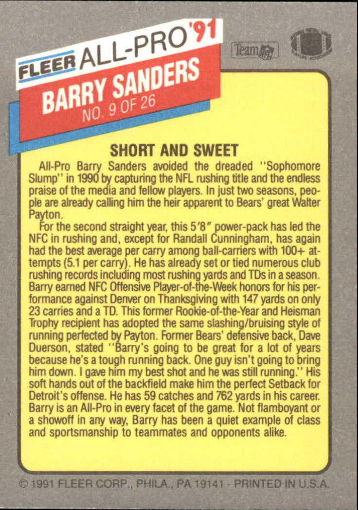 1991 Fleer All-Pros #9 Barry Sanders back image