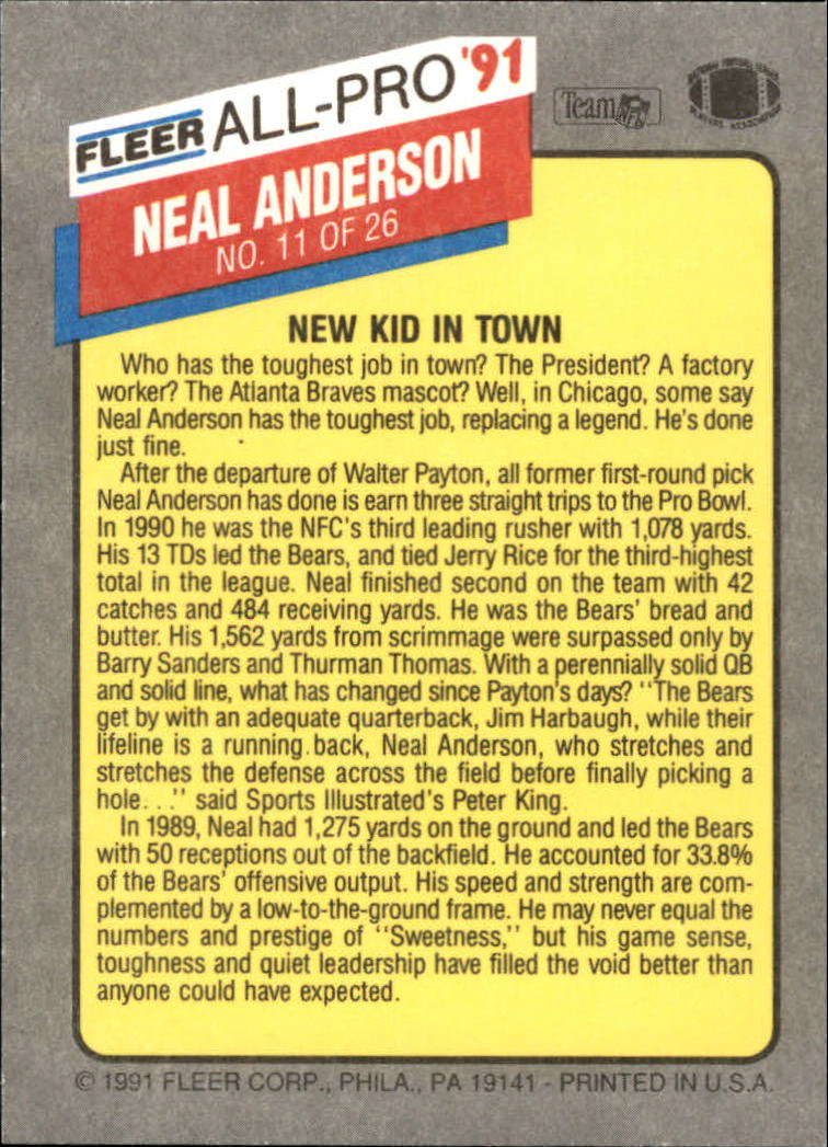 1991 Fleer All-Pros #11 Neal Anderson back image