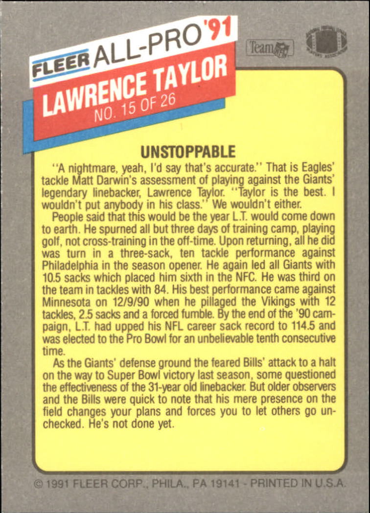 1991 Fleer All-Pros #15 Lawrence Taylor back image