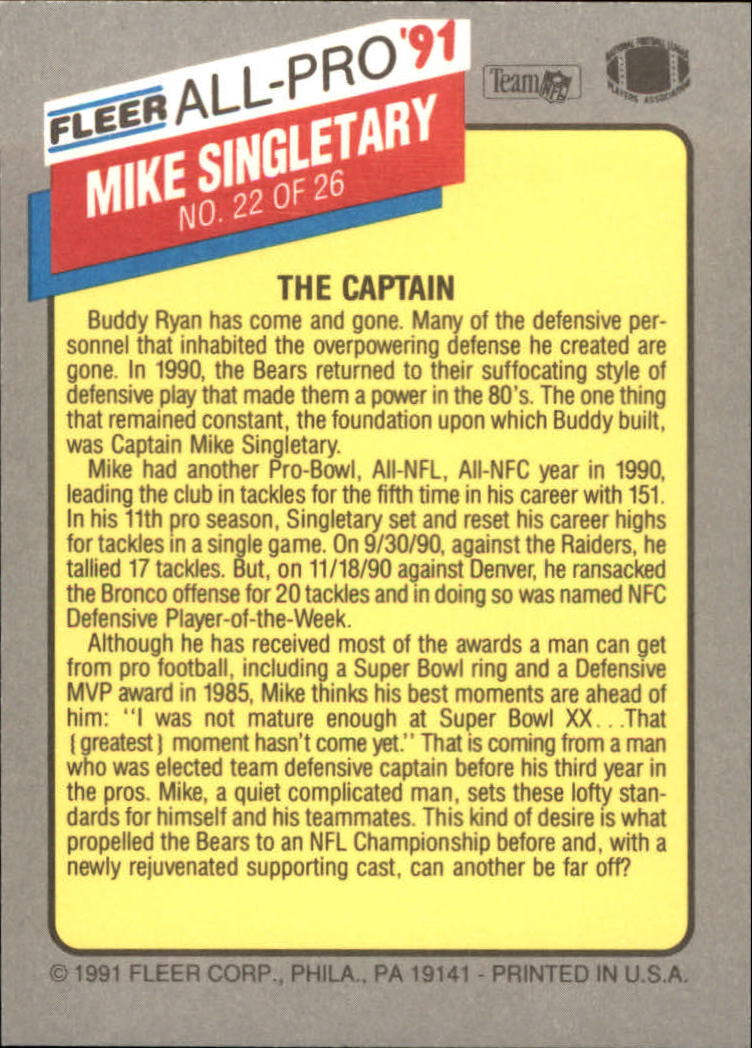 1991 Fleer All-Pros #22 Mike Singletary back image