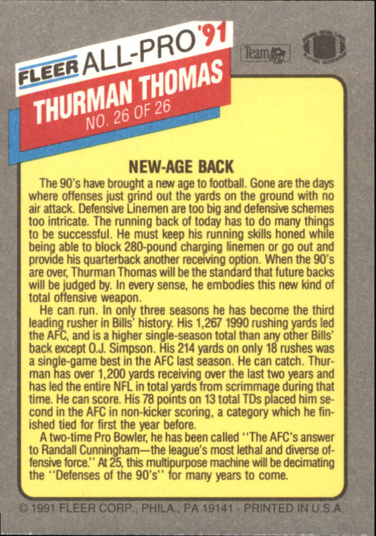 1991 Fleer All-Pros #26 Thurman Thomas back image