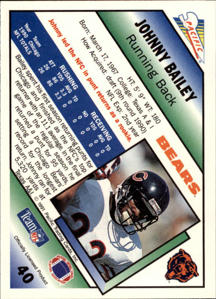 1991 Pacific #40 Johnny Bailey UER/(Gained 5320 yards in/college, should be 6320) back image