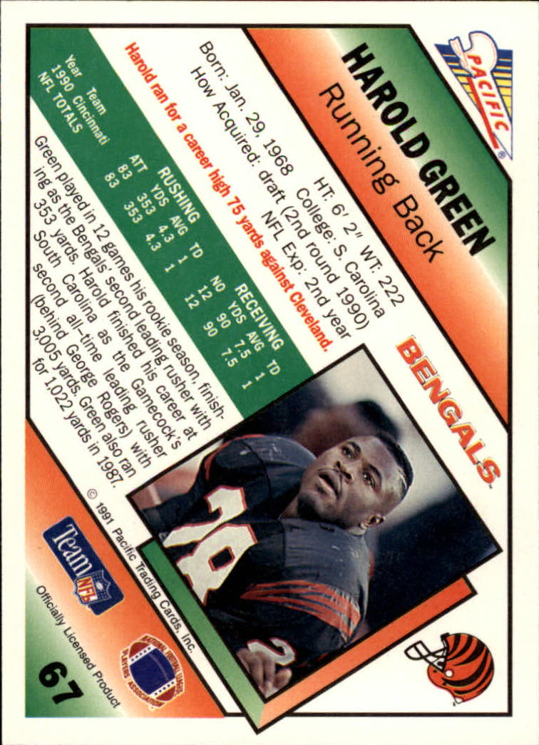 1991 Pacific #67 Harold Green UER/(Misplaced apostrophe in Gamecocks) back image