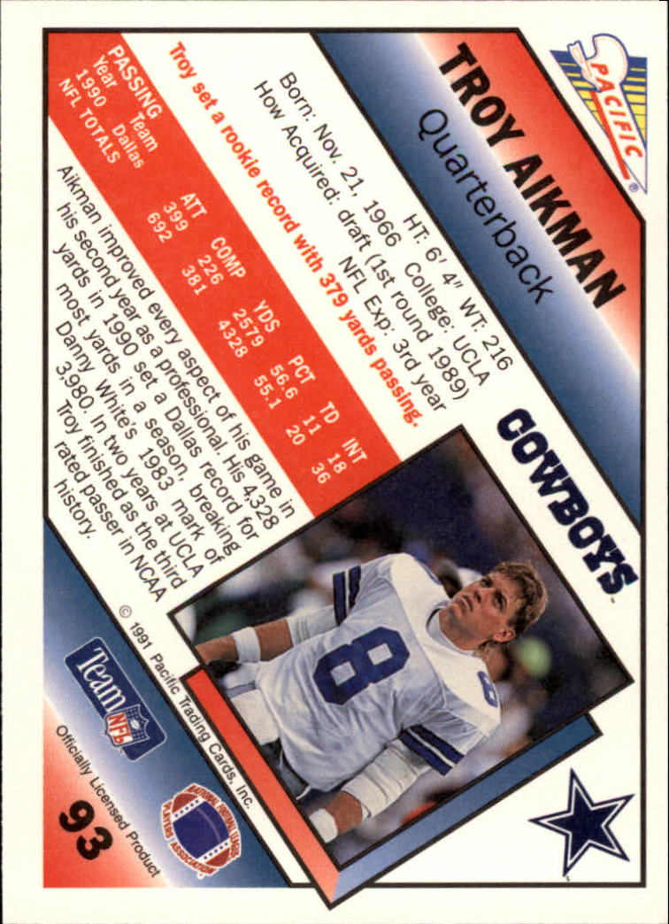 1991 Pacific #93 Troy Aikman UER/(4328 yards is career/total not season; text/has him breaking passing/record which is not true) back image