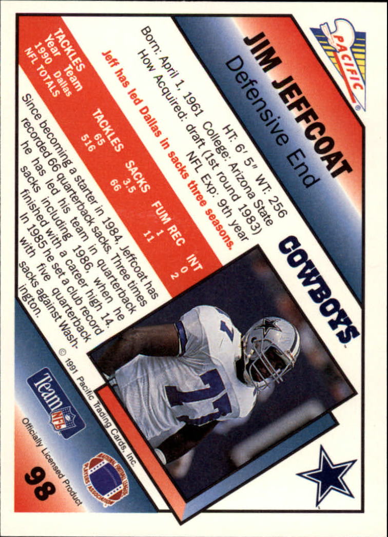 1991 Pacific #98 Jim Jeffcoat UER/(red line has Jeff on back) back image