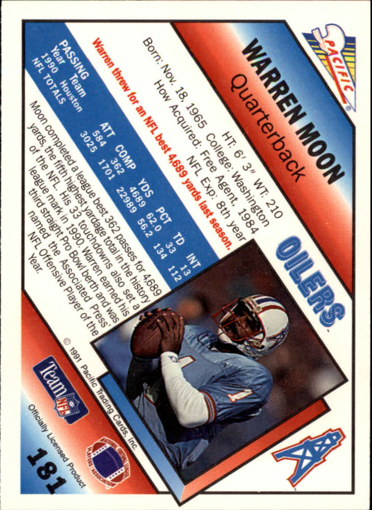 1991 Pacific #181 Warren Moon UER/(Birth listed as '65,/should be '56) back image
