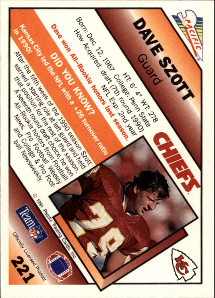 1991 Pacific #221 David Szott RC UER/(Listed as Off. Guard) back image