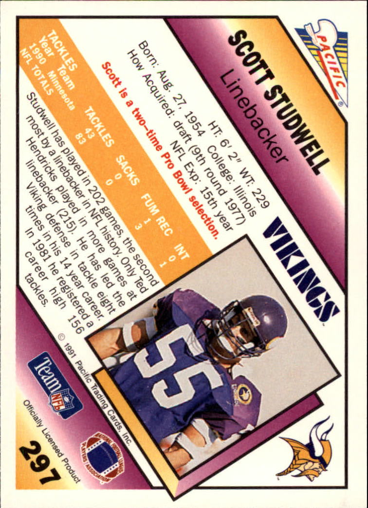 1991 Pacific #297 Scott Studwell UER/(83 career tackles,/but bio says 156/tackles in '81 season) back image