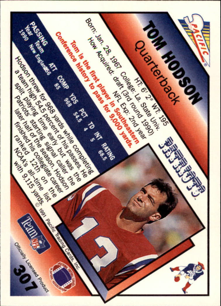 1991 Pacific #307 Tommy Hodson UER/(No NFL totals line) back image