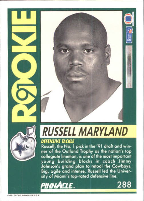 1991 Pinnacle #288 Russell Maryland RC back image