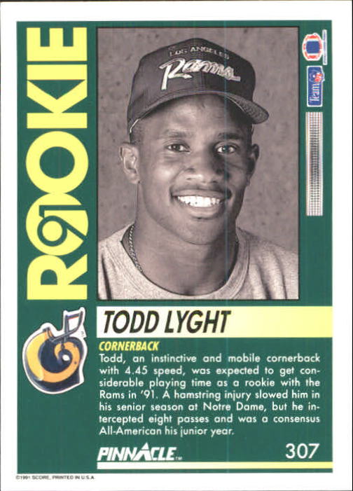 1991 Pinnacle #307 Todd Lyght RC back image