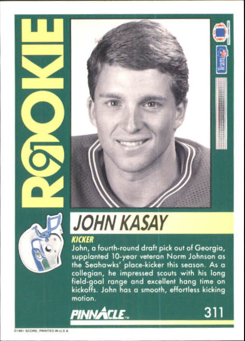 1991 Pinnacle #311 John Kasay RC back image