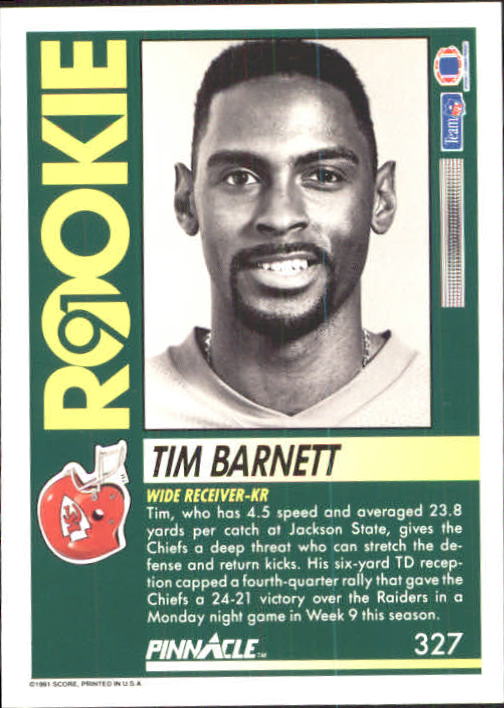 1991 Pinnacle #327 Tim Barnett RC back image