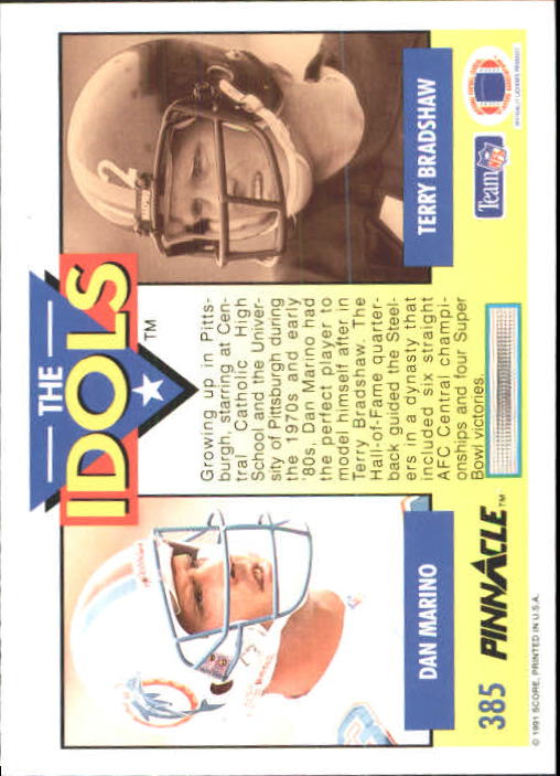 1991 Pinnacle #385 Dan Marino/Bradshaw ID back image