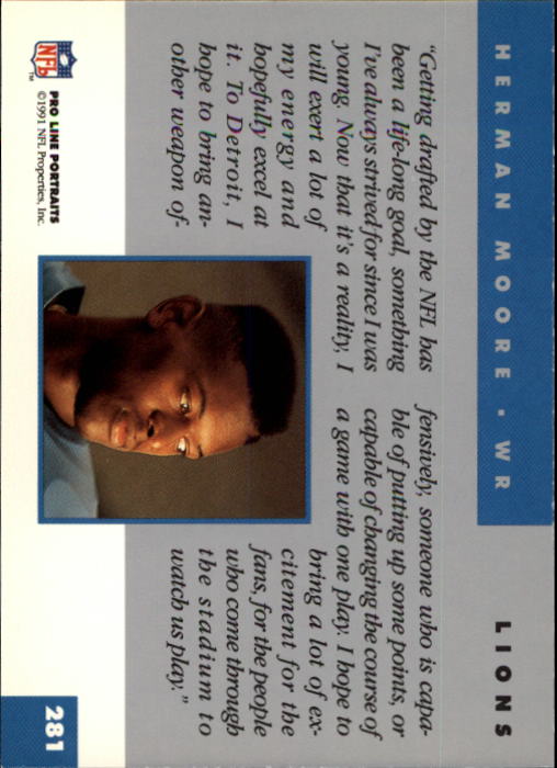 1991 Pro Line Portraits #281 Herman Moore RC back image