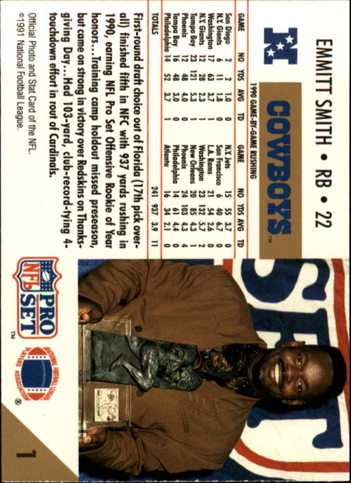 1991 Pro Set #1O Emmitt Smith O-ROY back image