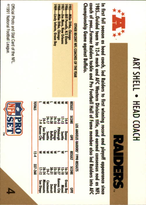 1991 Pro Set #4 Art Shell/NFL Coach of the Year back image
