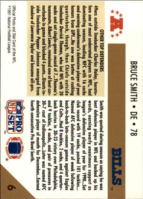 1991 Pro Set #6 Bruce Smith/NFL Defensive/Player of the Year back image
