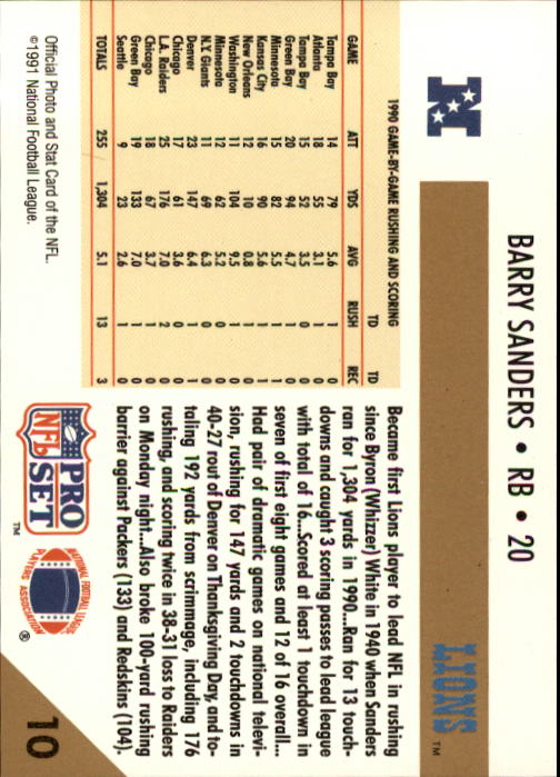 1991 Pro Set #10 Barry Sanders LL back image