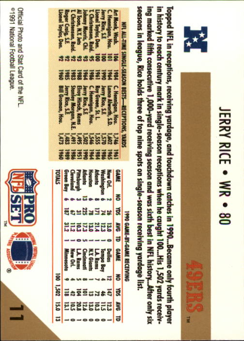 1991 Pro Set #11 Jerry Rice/NFL Receiving and/Receiving Yardage/Leader back image